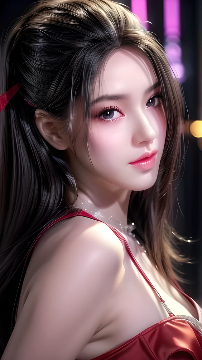 (8K, OriginalPhoto, Best quality, A high resolution:1.2), (Realistic, photo-realistic:1.5), 1girl huge large breasts, solo , paleskin, pretty  face, lovly, extemely detailed eyes, Cherry heart-shaped lips, Upper body body, komono,Burst cleavage，medium boob，oral sexy，seductiv