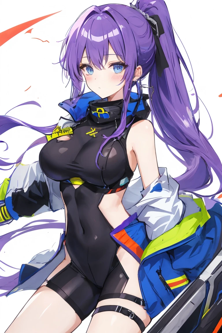 layer_megamanx, 1girl, solo, long hair, purple hair, blunt bangs, hair over eyes, large breasts, dark skin, dark-skinned female, android, underboob, robot ears, overlooking the ocean on the edge of a rock, in the style of avian-themed, realistic yet stylized, villagecore, azure, orange and azure, dragoncore, aerial view