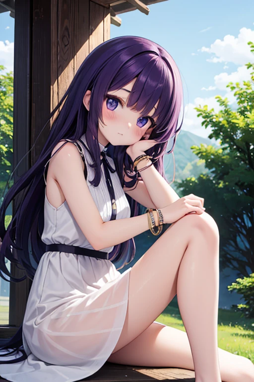 (Rika Furude), Blue Hair, Purple eyes, Long Hair, blunt bangs, bangs, One girl, alone, (Green Dress), Sitting, 裸feet, feet, wood, 