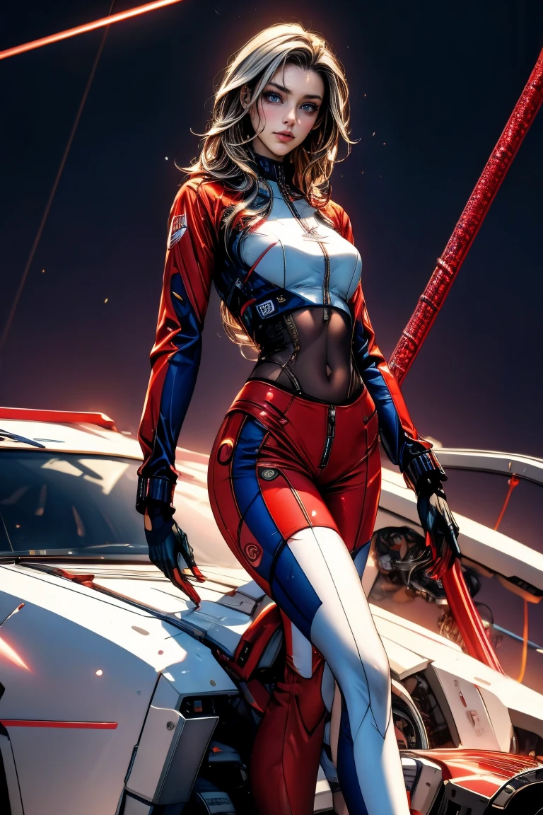 A stunning 36-year-old blonde stunt girl, dressed in a glamorous Wonder Woman outfit with black-red boots and gloves is spreading her legs in front of a Trans Am sportscarThe setting is the Zeltweg, Austria exhibition hall, where a lively and bustling atmosphere fills the air. The sun peeks through rainy clouds, casting dramatic beams of light on the scene. The vivid and fashionable ambiance is heightened by accurate spelling, lettering, scale, and proportion, fashion, photo, cinematic, architecture, illustration, 3d render, vibrant
