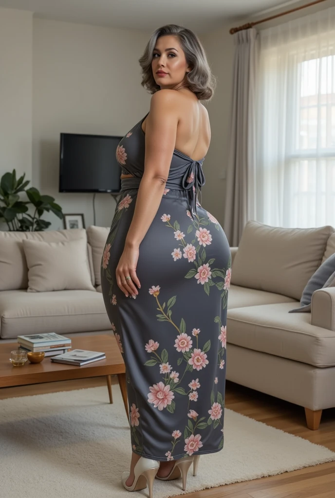 (best quality, ultra-detailed, realistic:1.37),portrait,voluptuous woman,flower,tight dress, Random dress color, passionate look,large buttocks,vibrant colors,soft lighting, standing, full body view, extreme tall, long legs, very tall, tall,