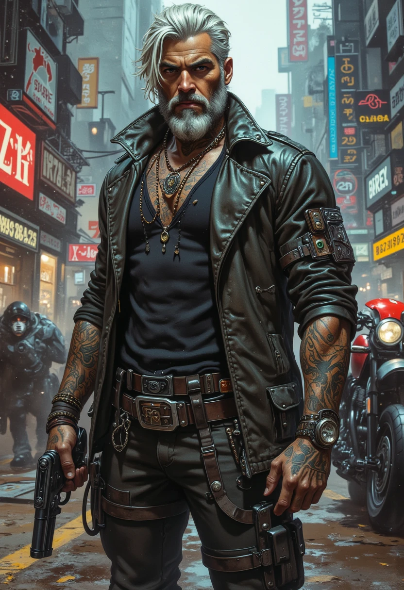 (masterpiece, top quality, best quality, official art, detailed:1.2), geraldoW3, solo, shirt, gloves, standing, jacket, weapon, white hair,  hair, beard, male focus, outdoors, , belt, pants, , gun, black shirt, tattoo, black pants, holding gun, handgun, smoke, science fiction, cigarette, city, realistic, smoking, road, mechanical arms, motorcycle, cyborg, prosthesis, prosthetic arm, cyberpunk, neon lights, medallion
