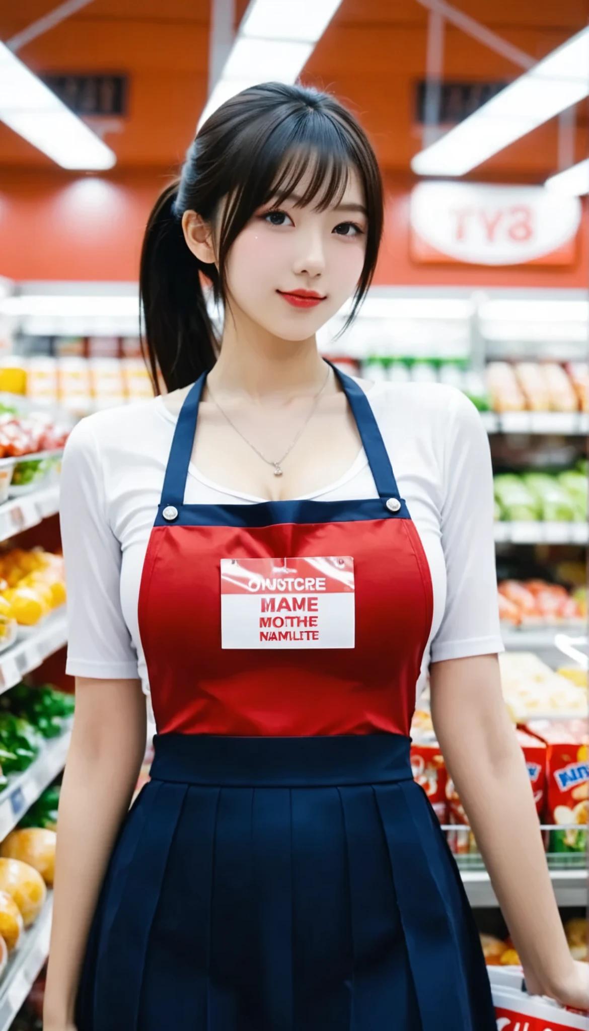 Working in a Supermarket、Working in a Supermarket、Name Tag、  mannequin、Working in a Supermarket、20 years old、female、Busy face、white blouse、Beautiful Eyes with Attention to Details、red apron with red background、(((full body、shot from below、 Look Down、mouth、Downcast face、crying face、Look up shyly、shyly、(small:2.0)、  slim、short、BABY FACE、ponytail、 beautiful narrow eyes、(ポホトGenuine:1.4)、(ハイパーGenuine:1.4)、(Genuine:1.mooth lighting:1.05)、 (Improving lighting quality in videos:0.9)、female1人、female、Genuine照明、backlight、Face Light、  Raytrace  、(Brightness:1.2)、(Improved image quality :1.4)、(最高のGenuineな質感の肌)、Xiaoyang、Like、symbol body、、 without makeup、small face, like, symbol body、(small:1.7)、  slim、slender body type、 hair is bundled 、Working in a Supermarket, (Photo realistic:1.4), (hyper Genuineistic:1.4), (Genuineistic:1.3), (smooth lighting:1.05), (Working in a Supermarket:0.9),Navy Blue Long Skirt {x} Wear a Navy Blue Knee Length Skirt to See What's Outside the Frame、 1female, Genuineライティング, backlight, Face Light,   Raytrace  , (Cheerfulness:1.2), (Improved image quality  :1.4), (best Genuine textured skin),