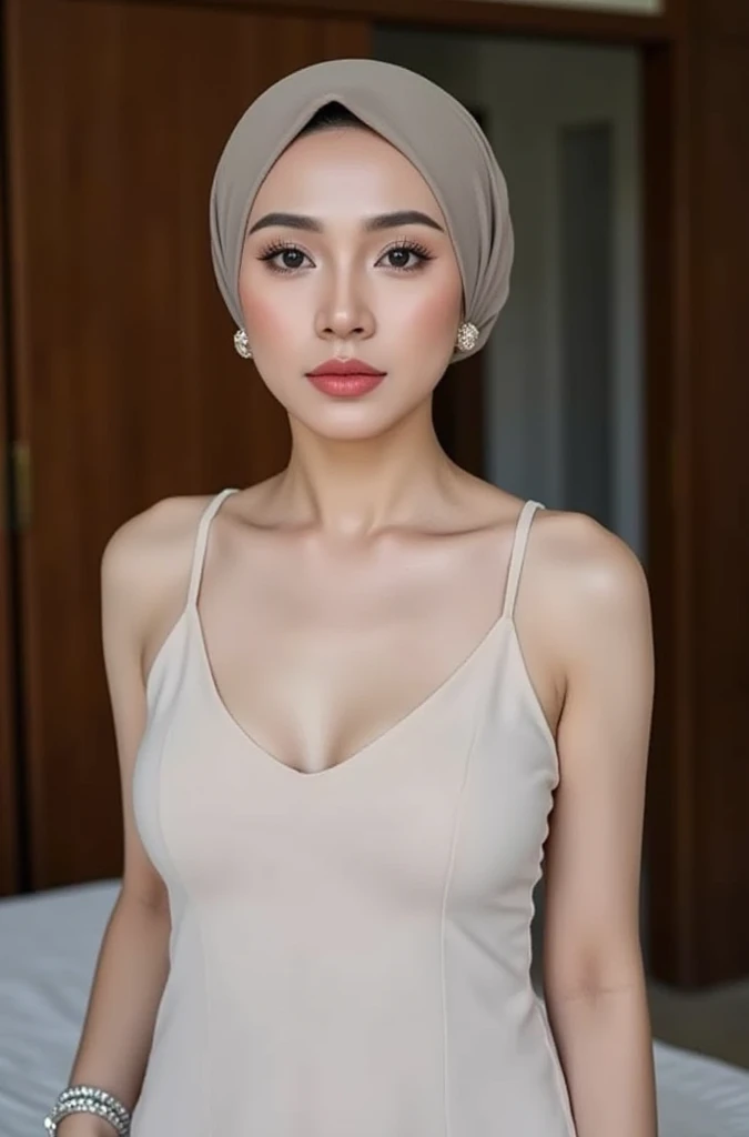 1 lady, 20 years old, best body,  wearing peach hijab, hijab covers whole hair, wearing pink bra, good lighting , sitting in room, leaning back, head resting on window, casual wear, close shot, shiny skin, big breast (huge breast 1.6), shot from front