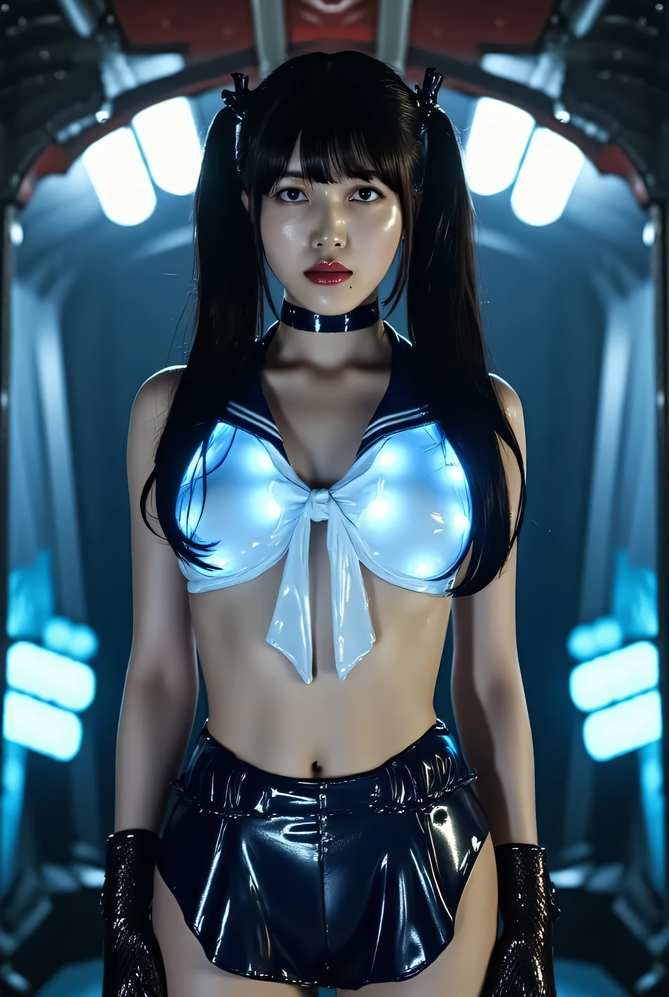 (((The dark interior of the Nostromo ship :2.0))),(((HR Gigger style cyberpunk atmosphere:2.0))),(((Open your feet wide:2.0))),standing,((full body:2.0)),one woman,(cute face),(Beautiful well-balanced face ),((twin tails with bangs:2.0)),(black hair:1.5),(Beautiful Eyes:1.3),glamorous shot of a 20-year-old Japanese woman,Beautiful slender body,((model body type:2.0)),((slim body:1.7)),((スリーサイズ90-58-86:3.0)),Perfect Body Line,ideal proportions,((big breasts:2.0)),((G Cup Breasts:1.5)), popup,Bare thighs,Sensual Thighs,delicate body,(muscular:1.7),harmonious posture,((Realistic breast depiction :1.7)),Carefully Depicting Limbs Based on Perfect Anatomy,((Futuristic White Latex Sailor Suit:2.0)),((fitted sailor suit made of translucent latex that shines with blue LEDs:1.5)),((sailor suit with collar and bow:2.0)),((Glass translucent super mini skirt:2.0)),(Navy blue translucent short mini skirt:1.5),((Coarse mesh fishnet stockings:2.0)),(gloves:1.3),concept art,(top quality:1.5),(masterpiece:1.5),(超高resolution),resolution,UHD,(delicate depiction), carefully drawn with butterfly wings ,32k,((realistic skin texture:1.5)),(((super realistic:1.5))),carefully draw eyelashes,highly detailed face,Highly detailed female hand, Sexy appearance ,Extremely Sensual,(Blurry Dim Backgrounds :1.5),Professional Photography,(movie lights:2.0),((Blade Runner style lighting:2.0))