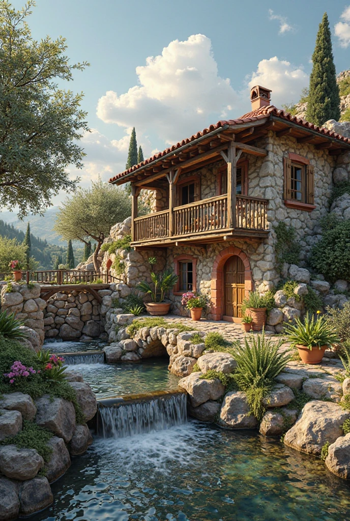 house with a neighbor a water mill nearby and built with wood, paglia, terracotta. With solar panels it is a nearby olive tree. 