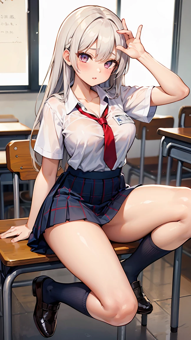 (masterpiece:1.3, highest quality), (realistic, photorealistic:1.4), beautiful illustrations, perfect lighting, colorful, Depth of the bounds written,
looking at the viewer, full body, Front view:0.6, 1 girl, alone, Japanese, high school girl, Improve, (big breasts:0.8, big ass, seductive thighs, skin dents),
(long hair:1.5, side ponytail), asymmetrical bangs, purple eyes, parted lips, (very tanned and shiny skin),
beautiful hair, beautiful face, highly detailed face, detailed and beautiful eyes, beautiful clavicle, beautiful body, beautiful breasts, beautiful thighs, beautiful feet, beautiful fingers, ((collared short sleeve shirt, white shirt, school uniform, pink plaid pleated skirt, black tie)), white panties, polka dot hair scrunchie,
( sexy pose), (enchanting smile), evening,Sit in the classroom,gal,(brown skin:1.5),(blonde:1.5),(view from below),