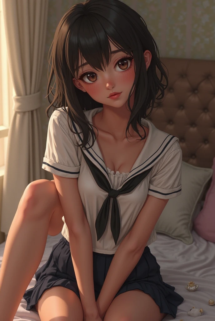 Photorealism、Highest quality、Ultra-high resolution、Browsing Caution、38 years old、((Woman in uniform sitting on bed))、((Spread your legs out to the side:1.5))、Sit with your knees bent and your legs apart、((Woman showing panties:1.5))、A sexy look for the camera、((Blonde))、((Very thin and small white panties))、((Panties close up:1.7))、Pink Shirt、Dark blue tartan check pleated skirt、Dark blue socks、A cute and beautiful face down to the last detail、(Purelos Face_v1:0.008)、Brown eyes、eyeliner、blush、Embarrassing、Glare、 Glossy Lips: 1.4,  impatience、It was scary、Glare、blush、はAre crying、Are crying、Open your knees、Spread your legs、Disheveled clothes、dressing、Medium Long Hair,In the bedroom、((Anatomically Accurate human body、Perfect Arms、Perfect hands、Perfect Fingers、Perfect Legs、Accurate human body))、(View angle from below:1.5)、((Emphasis on panties、Panty Shot))、Visible nipples、Show off your nipples、Small breasts、Small breasts、tears、semen、Sweat、