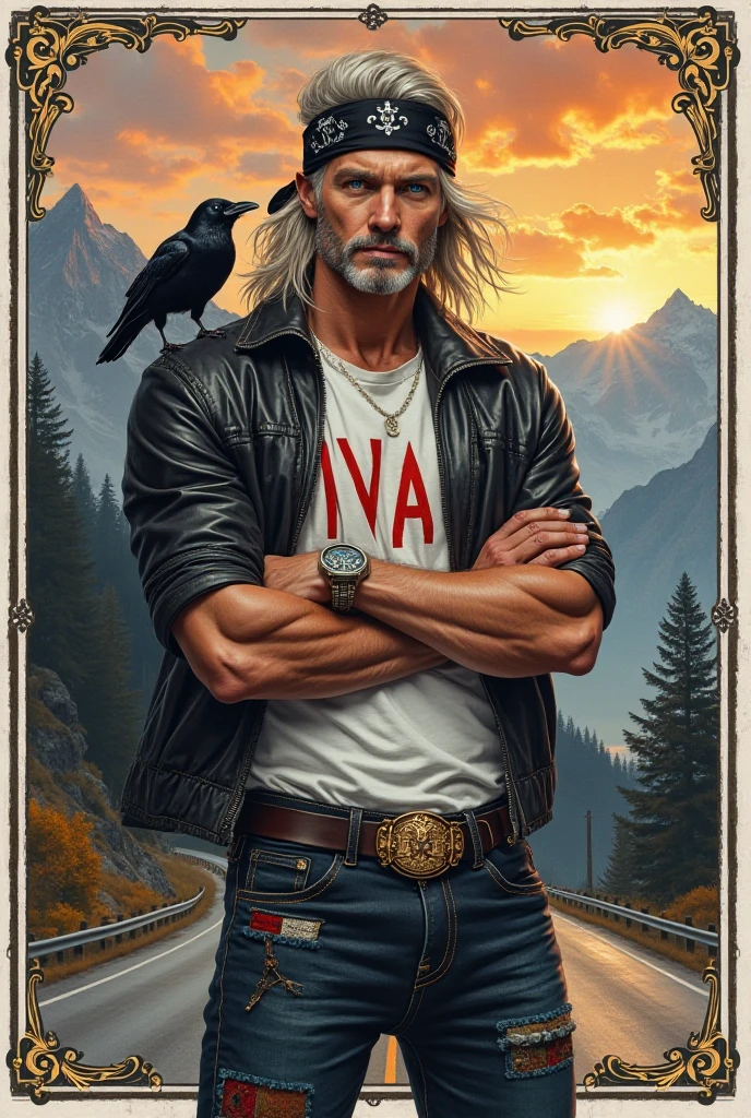 Create a masterpiece of the highest quality: Highly detailed Norman Rockwell style magazine cover depicting an Close up of attractive and very handsome Ukrainian man, (Ivan Temnyenko aka Captain Darkness), beautiful blue eyes, standing, (age 27), very handsome, seen from the front, tanned skin, (very long silver-blond hair blowing in the wind, wearing a black bandana on his head, short silver-colored mustache well kept and trimmed, full silver-blond beard), serious, beautiful blue eyes, looking at the camera, cigarette in his mouth, broad shoulders, white t-shirt with red "IVAN" lettering printed on it, short shiny black leather jacket, tall, muscular, muscular chest, arms crossed, thick black leather belt with a very large gold buckle, very tight jeans with patches of different colored fabrics on the shiny leather knees, large bulge inside the jeans, open muscular thighs, knees, crow on the man's shoulder.))).  In the background: a spectacular sunset, dark silhouettes of high Alpine mountains, an alpine road, coniferous trees along the roadside, and a distant Alpine lake.
The photo borders are white with black and gold Art Nouveau lines.
