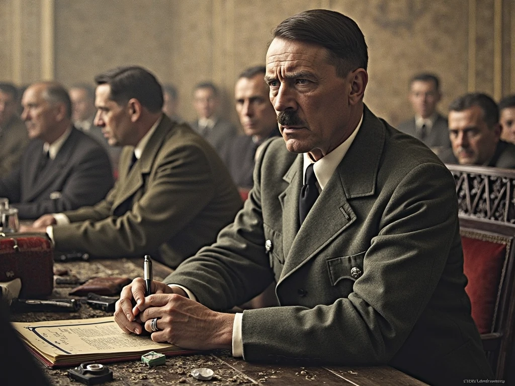 Hitler addressing a small group of followers in the 1920s, inside a dimly lit beer hall, wearing a brown uniform, intense expression, speaking passionately, Nazi banners and symbols in the background, dark wood paneling on the walls, hyper-realistic, photo realism, cinematography -- ar 9:16