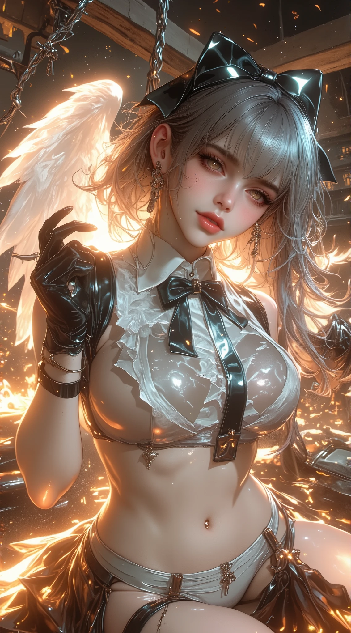 ((((White Wings)))), ((((Shiny silver accessories)))), ((((In the storm where thunder shines)))), ((((wet and glowing skin)))), (((Pink Hair))), ( backlit), ((Super wet skin)), ((Fluorescent color)), (((In-depth images))), brunette girl, big Smile,  super beautiful glowing eyes、hanging from the ceiling with his arms tied with a rough rope、sweat、The rope bound her body、wet body、 Legs Hanging from Shackles 、 and a large amount of fluid flows out of your crotch、 One leg is suspended on top with a rough rope 、rope wrapped around body、Tightly bound、My hands are tied、 legs hanging in restraints  (8K,  live shooting , Max Video Quality, masterpiece: 1.4), Ultra-fine mesh, (Realism, photorealistic: 1.48), masterpiece、top quality、Super Detail、8K、Detailed light、detailed shadows、Raw、(Detailed skin)、(Realism: 1.2)、18 years old、long hair、lace underwear、In the torrential rain, masterpiece, top quality, 超high resolution, (realistic:1.4), Beautiful face down to the smallest detail, High Quality Clothing, (masterpiece:1.3), (8k、best quality:1.4), (Top Quality, high resolution), (1 girl:1.3), (alone:1.3), (  Mizuki Yukikaze), (hair bow, Frill collar , Blog, One Piece Tan, sleeves apart , corset before dildos insertion, frills, heart cutout, micro panties, bridal garter, high heels), ( 完璧なversus称的な顔), Beautiful eyelashes, (nose blush:1.3), (flat chest:1.4), ( beautiful thighs), ((Accurate Arm, sex, Accurate legs)), (Perfect Anatomy), sunburn, wheat-colored skin, ( High Detail Skin : 1.2), dynamic angle, (Midnight Metropolis , decadent and futuristic urban area ). ( Advanced Future Cars ), (Cyberpunk Background, Blade Runner), volumetric lighting, bright color, (hair bow,  elbow bag, fingerless gloves, ruffle leotard, fur trim, black leotard, Knee-length boots, versus.  demon ninja suit , One Piece Tan),