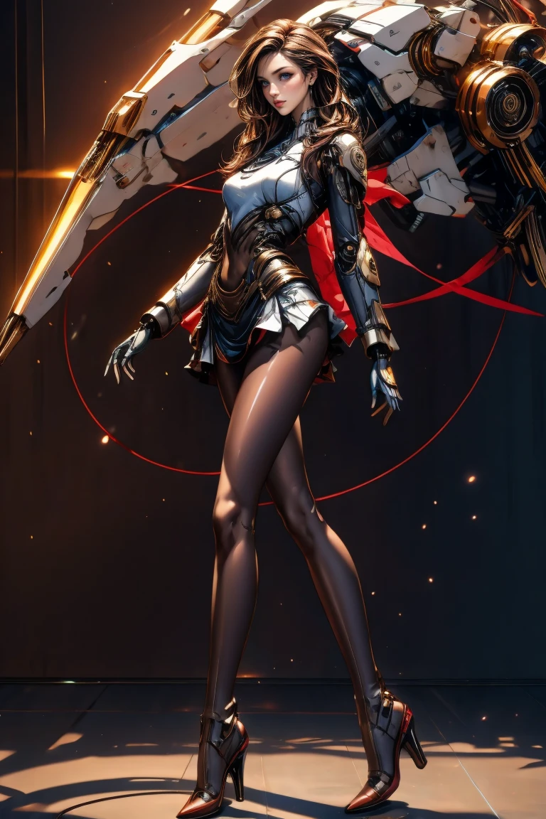 (White background:1.2) Robot girl with a mechanical body looking to viewer symmetrical body left to right side, big knockers, yellow bright eyes, and a white bob haircut. She is standing solo, full body, with hands on hips, feet together, viewed from below. Features a leather choker, big belt, bracers and a tiara.