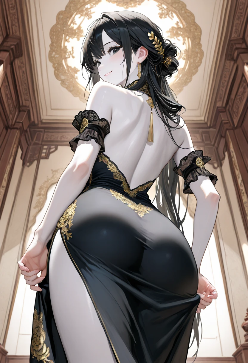 A woman, eyes were an intense golden that seem to shine with power and beauty. , she had long black hair cascading her back like a waterfall, pure white scales on her shoulders and soft cheekbones, large breasts, slender waist, wide hips, plump ass, beautiful long legs and thick , Style anime japonais, 4K, Ultra detailded, detailed Shadows