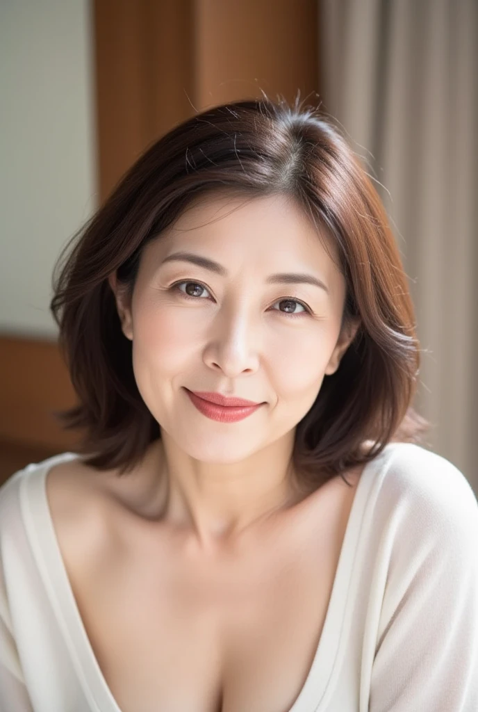(top quality,masterpiece,ultra-detailed,photo realistic,Textured skin,beautiful skin,anatomically correct:1.2),(white-tshirts),(no makeup),(detailed eyes),(upperbody shot:1.2),(45 years old),(Japanese mature woman),Natural eyebrows,flat lighting,((1 girl)),