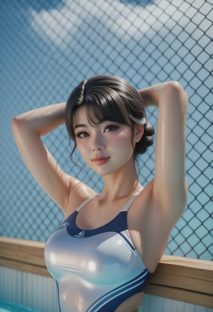 (Highly detailed CG Unity 8k wallpaper), The most beautiful works of art in the world, One girl, Upper Body, Sweaty Big Breasts Swimwear Muscular Raise your hands