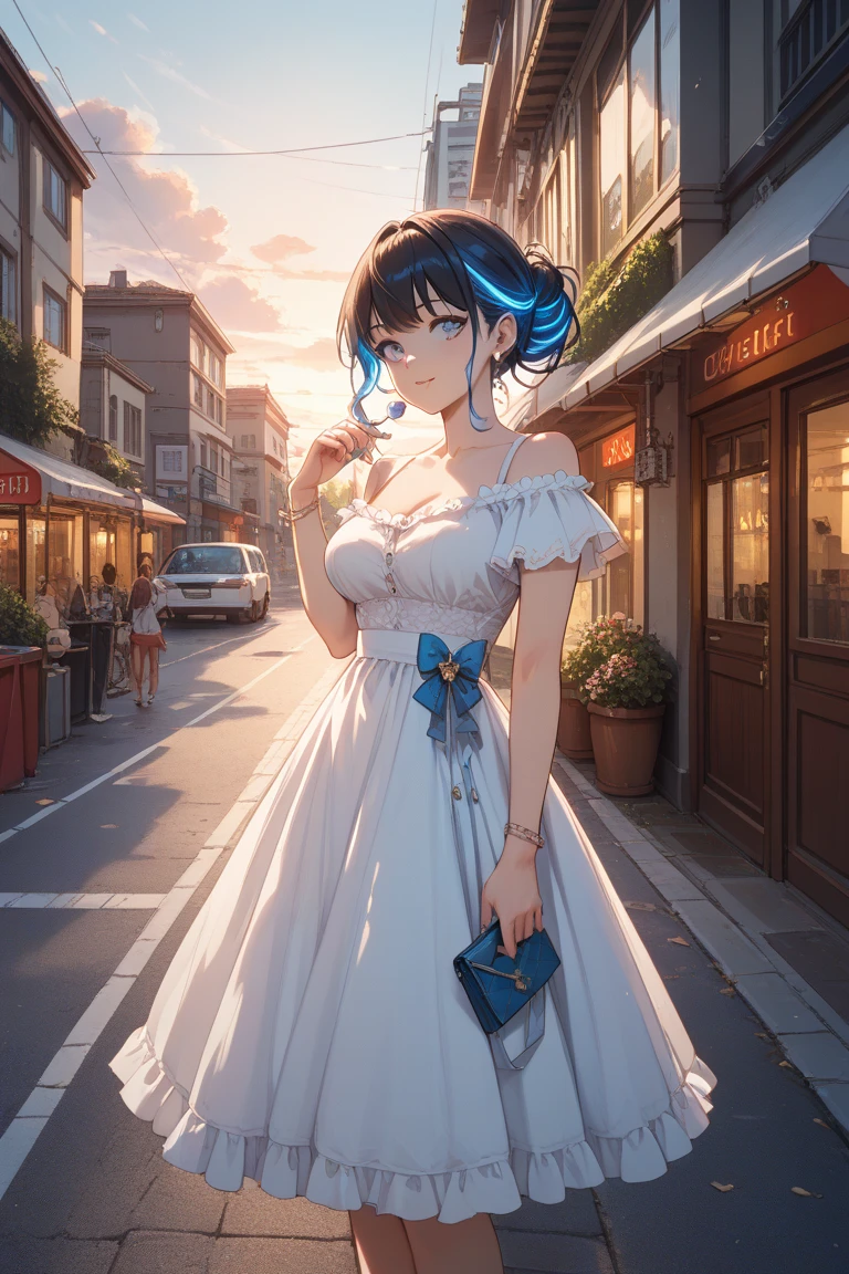 “An anime girl with shoulder-length hair stands on a quiet street at sunset, wearing a loose, thin one-piece dress that flows gently with the evening breeze. She reaches up to adjust her hair, momentarily unaware of the way the light outlines her figure through the fabric. The lighting is soft and cinematic, anime style, with glowing highlights and ambient detail.”