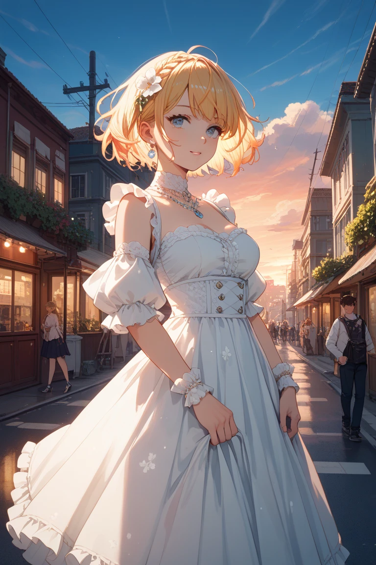 “An anime girl with shoulder-length hair stands on a quiet street at sunset, wearing a loose, thin one-piece dress that flows gently with the evening breeze. She reaches up to adjust her hair, momentarily unaware of the way the light outlines her figure through the fabric. The lighting is soft and cinematic, anime style, with glowing highlights and ambient detail.”