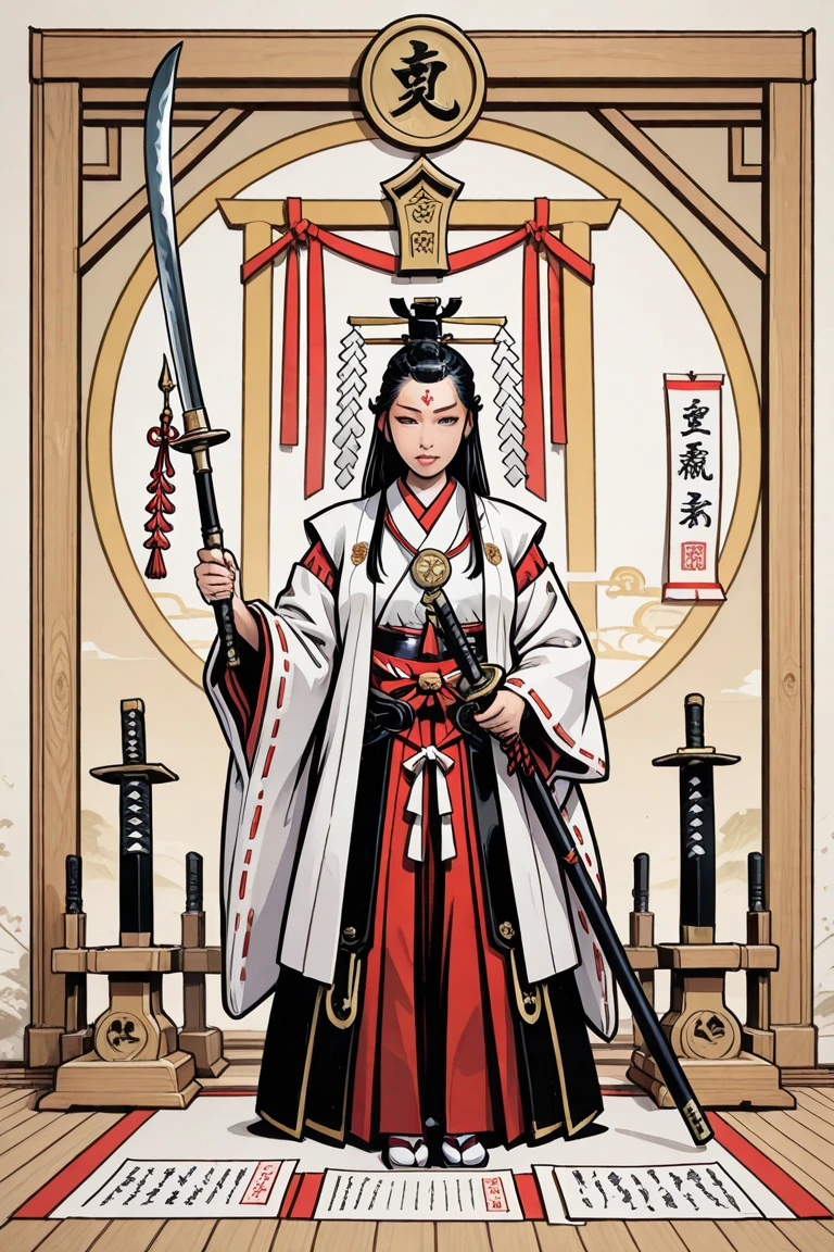 Naginata, an ancient Japanese weapon decorated with paper streamer called shide found in a ritual wand from shinto religion