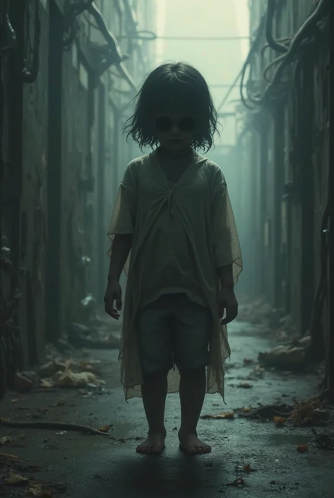 Long distance front view of abused 13 year old  orphanage girl in the dark and a glowing fiery small butterfly in the distance