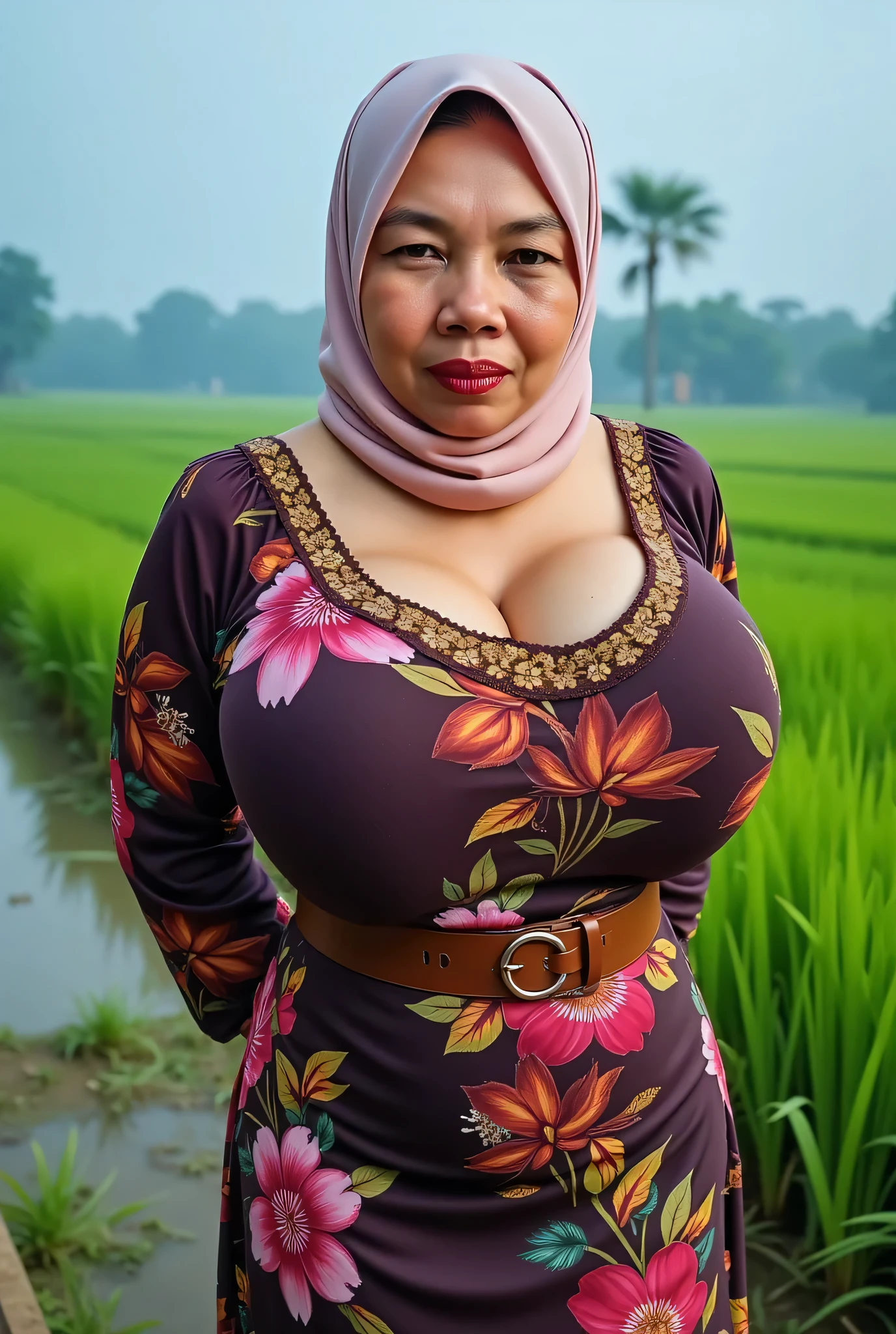 (OLD AUNTY), Large sagging breasts, (Shiny Breasts:5.24), (plump plump) hijab hijab hijab hijab, (Photorealistic:1.6) Indonesian hijab dry aunty wear bra and (), Green background rice paddy. daytime atmosphere, hands behind back while legs astride, Look from the front you are stupid!, wearing Detailed Fully flora print white (velvet) ruffle tight dress bootcut , (Wearing a leather belt with a copper buckle) (rolling eyes:2), (puffed cheeks:2), awan & langit kebiru biaruan. (PLUMPERS), (CLOTHES WITH SLITS SHOWING THIGHS)