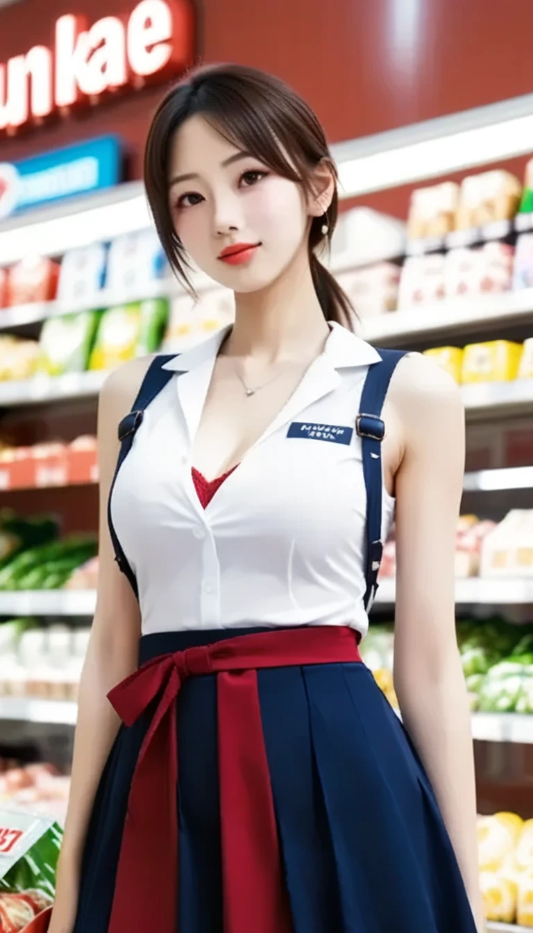 Women in crop top supermarket retail staff button uniform, showing navel, show belly, in supermarket, expose a lot of abdomen area around belly button, realistic bellybutton shape, very low waist pants