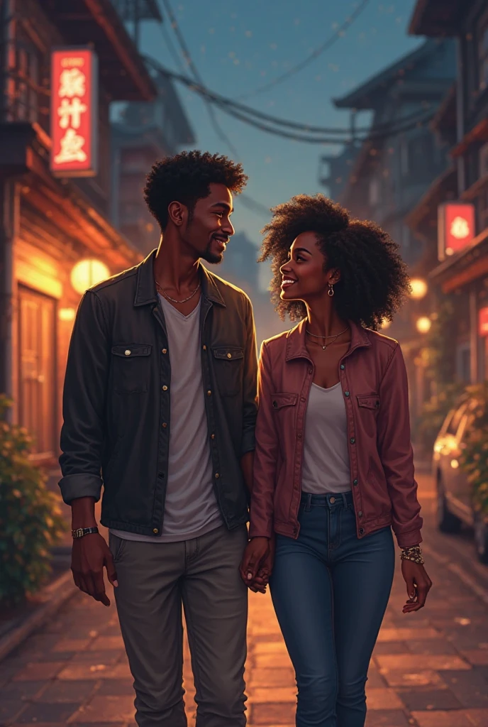 An anime pic of a brown skinned couple holding hands on the streets in the night and smiling at each other they're race is black 