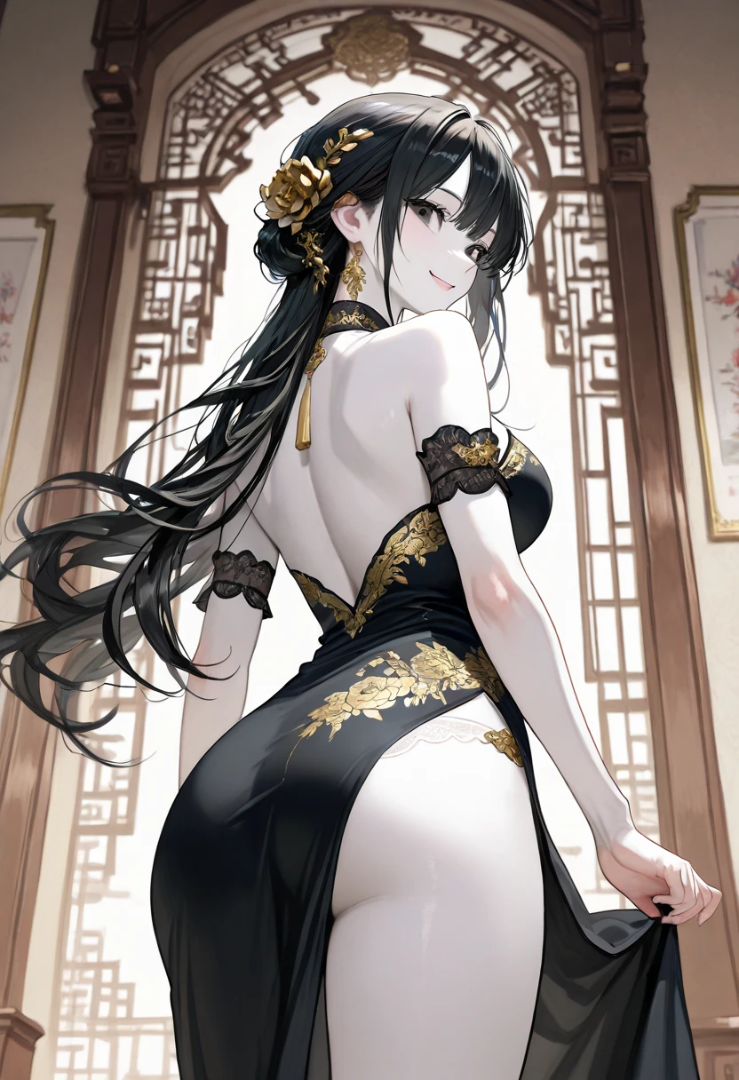 a beauty girl,Black and gold cheongsam,black lence stockings,Ancient wind,China-style,Chinese tradition,cleavage,cabellos largos dorados,(Delicate face),folding fan,hair-bun,耳Nipple Ring,(Bare back),(did not wear panties),(),((Fornication))