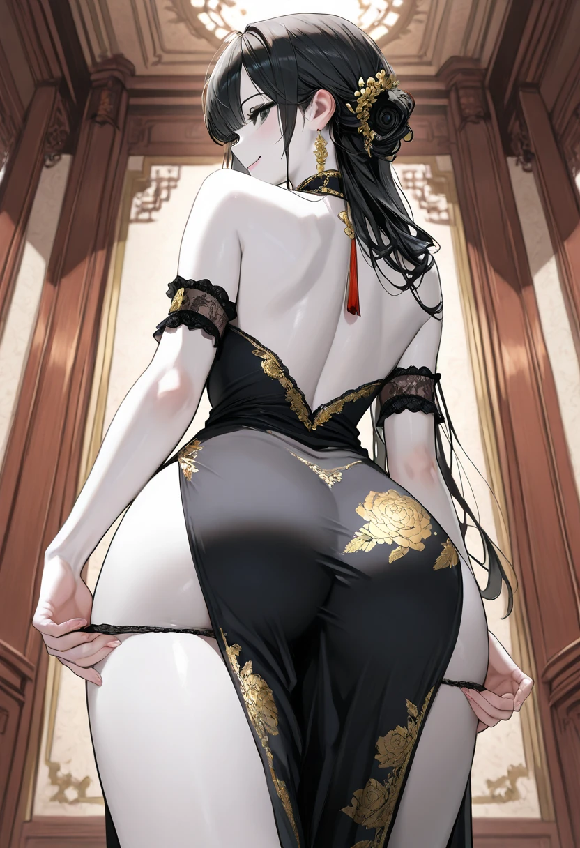 a beauty girl,Black and gold cheongsam,black lence stockings,Ancient wind,China-style,Chinese tradition,cleavage,cabelos preto e longos,(Delicate face),folding fan,hair-bun,耳Nipple Ring,(Bare back),Raise your legs,(One word horse),(did not wear panties),((Pouting ass)),Cocked buttocks,(((nakeness))),(((fullnude)))