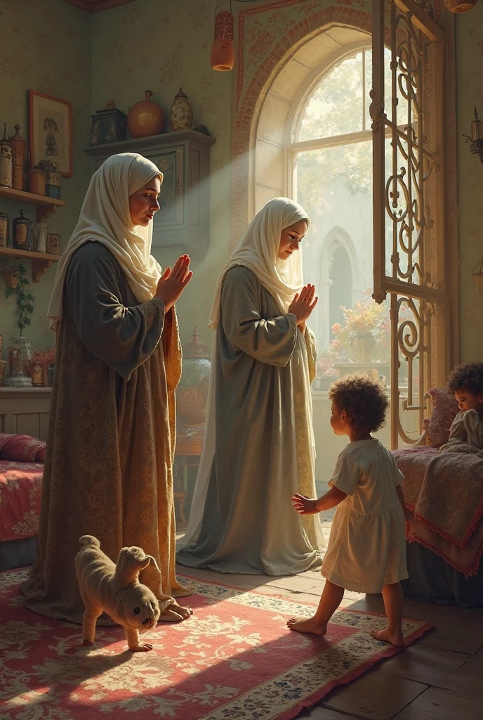 Create a picture of women praying at home while ren are playing around.