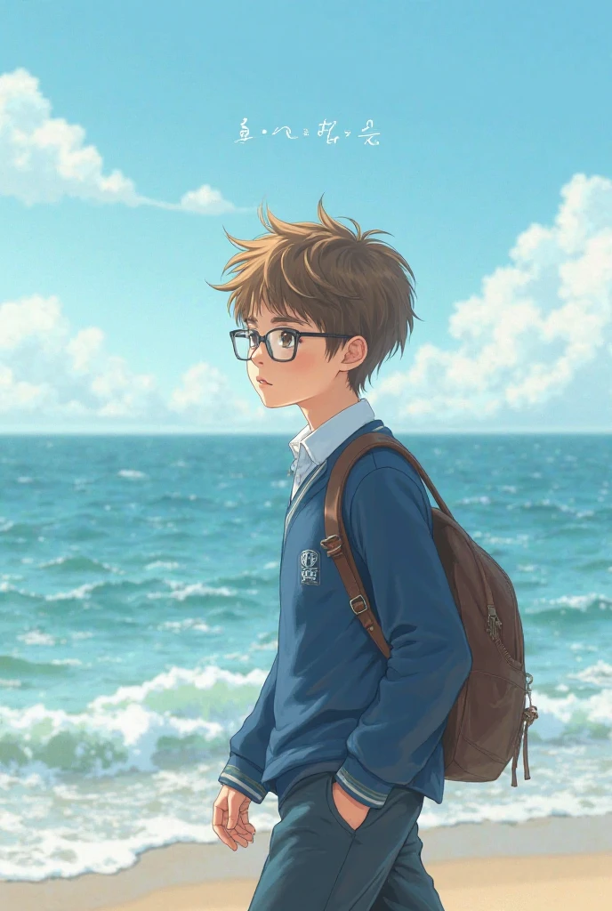 A 180 cm Korean boy, side of brown and wavy hair with lenses and uniform from South Korea blue walking to the left, Osea on the
