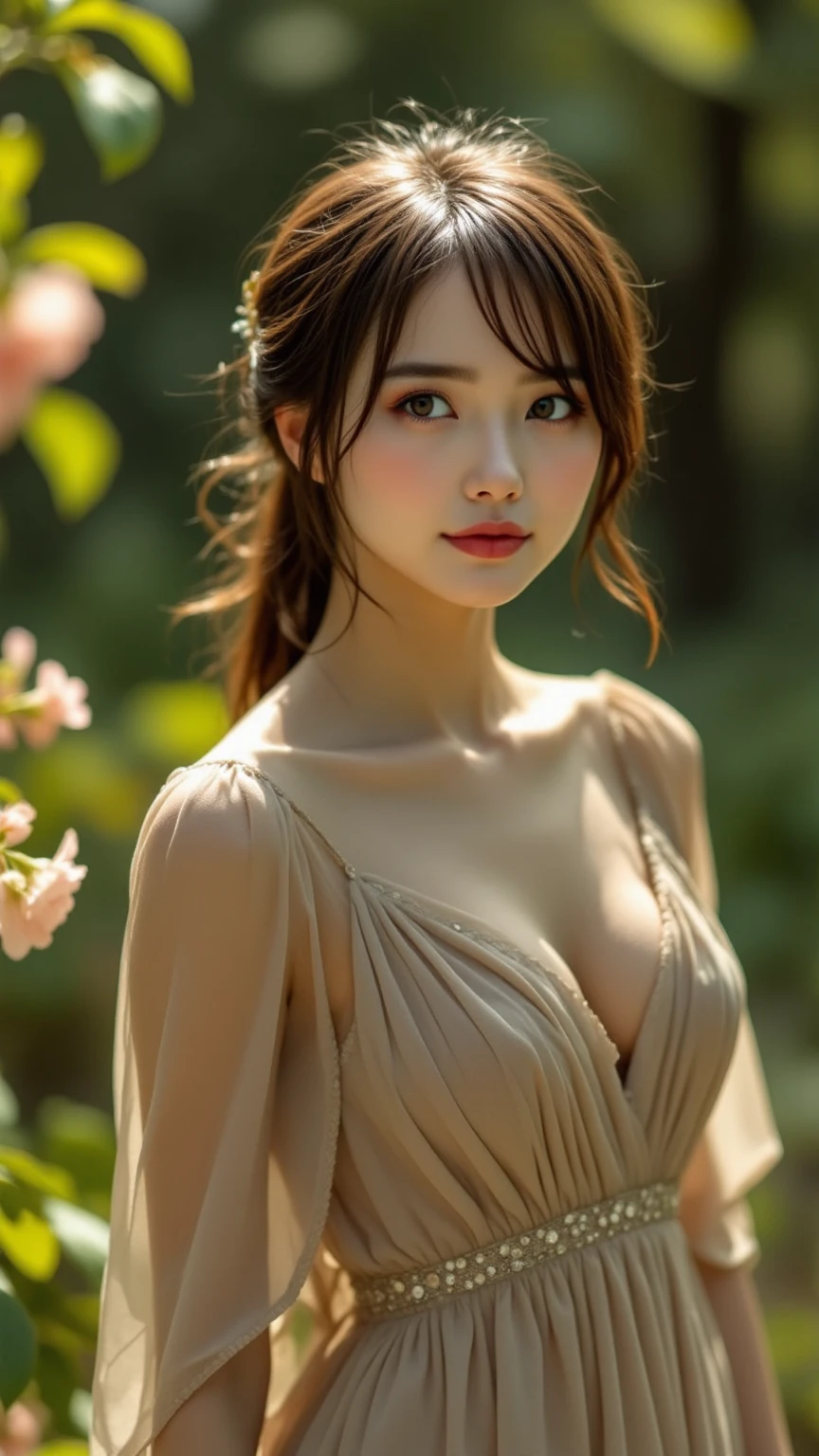 cute woman under drizzling rain, (elegant, beautiful face), transparent white dress, forest moss, (freckles:0.8), flowers feld, , curly red hair, magical atmosphere, (short hair), ((detailed skin, skin texture)), ultradetailed, (intricately detailed, fine details, hyperdetailed), raytracing, subsurface scattering, (fantasy underworld on background), diffused soft lighting, shallow depth of field, sharp focus bokeh, (realistic photo quality:1.4)