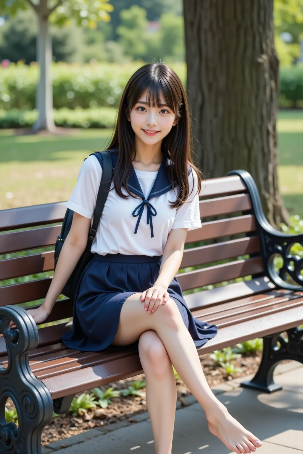 Very Smile,(Best Quality),(Masterpiece),(Super Detail),(Hi-Res),(8K Portrait),Production Art,Full Body,Park Bench,Sitting,Hands Tucked Between Crotch,Open Legs,Alone,Solo,Cute,Cityscape,Day,Blue Sky,(Wind:1.4),Delicate Face,Small Head,Brown Eyes,Short Sleeve Uniform,Silver-Blue Striped Tie,Blue Tartan Skirt, black tote bag, smile, happiness,