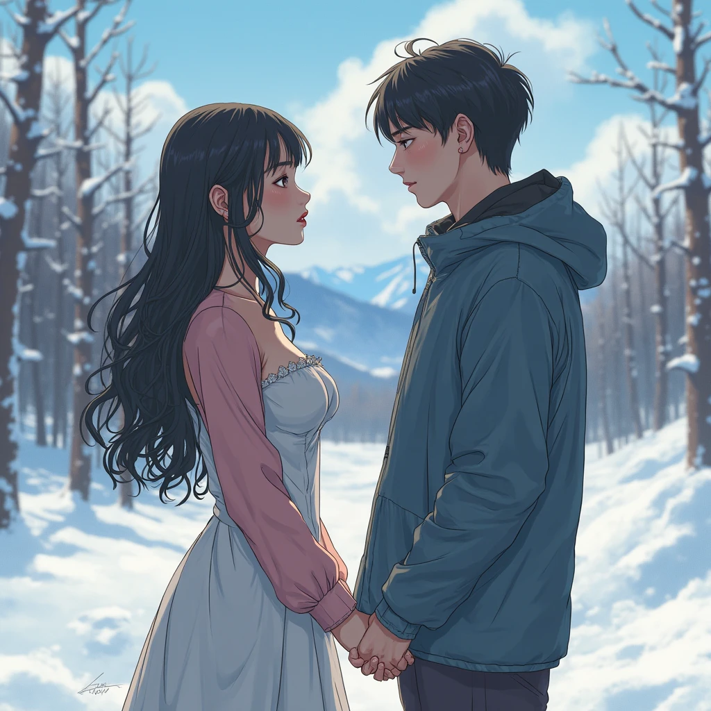 Realistic, Realistic movies, Japanese youth graffiti film, Overall, it has a sweet and sour atmosphere., A beautiful young aunt and a young man who admires her, My aunt is a ???? woman in her late twenties, with long black hair and an ideal figure., The boy was a high school student with short, neatly styled hair and a slender build., The two of them are skiing in the snowy mountains., She's currently on a break and is ????????? her skiwear to wipe off sweat., The boy peeked at the valley of her ?????, his heart skipped a beat, and he blushed, looking away., A sunny ski resort background