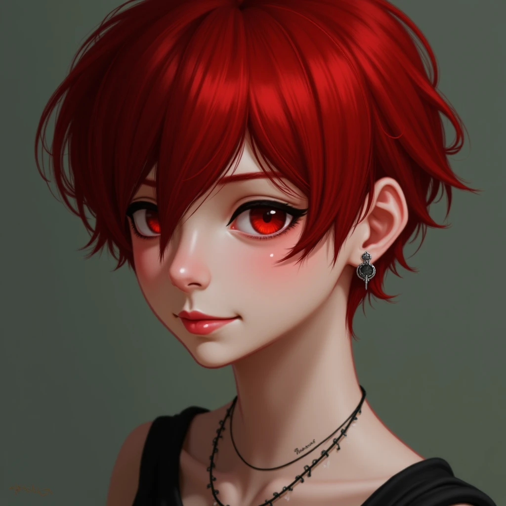 red eyes, open your mouth slightly, red hair, shortcut, smile, simple background, high resolution, solo, accessories, man's daughter