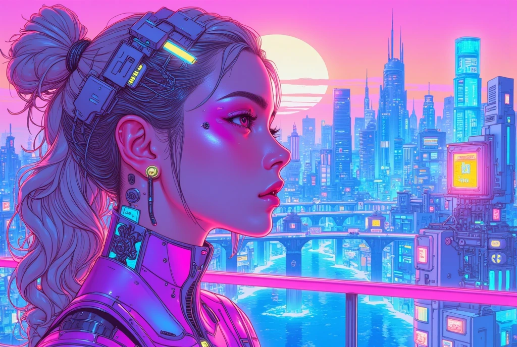  masterpiece, highest quality, high resolution, 4k,8k,(realistic, photo realistic: 1.5),「vaporwave」,80s Anime,female,  Purple,light blue,pink, neon pastel colors,Nostalgic & Artificial,city pop,popular music sampling,1980s,1990s,Tron,Mass-produced in the past,Forgotten artifacts,Nostalgia for technology, night view,Cityscape,Hiroshi Nagai style,cyber nostalgia,steampunk,Glitch Effects＆retro structure,Fantastic world of gradation