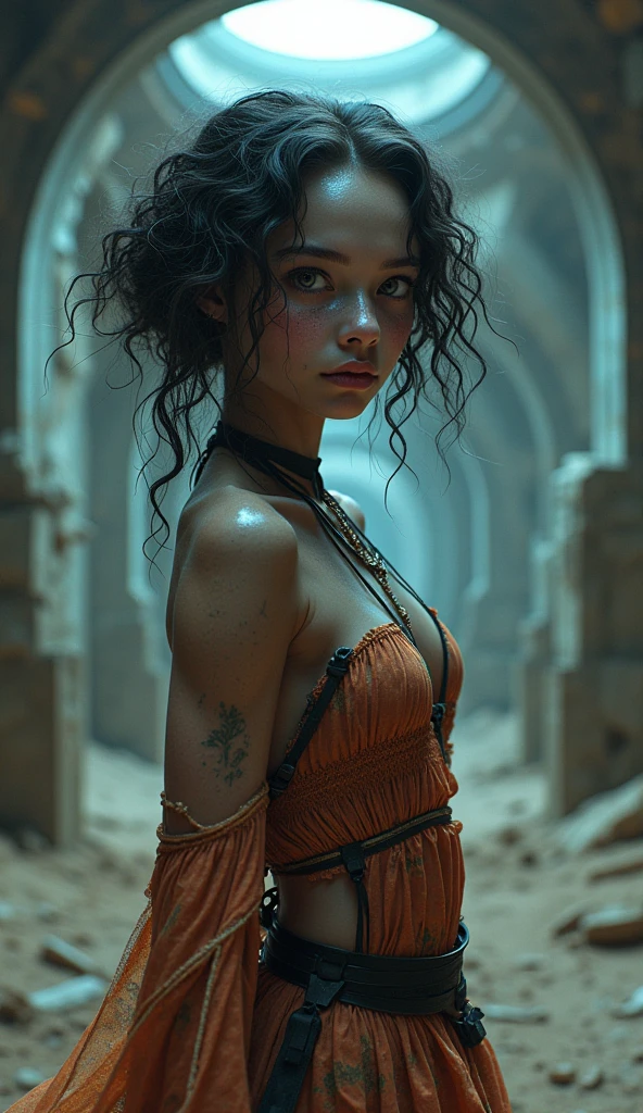 league of legends,full body length shot, adventure at oldest abandoned nuclear silo,desertly witch,intricate details,pretty,natural skin texture,curly hair, hyper realism,extremely detailed,elegant style,eyes extremely detailed, high detailed eyes,16k resolution,glows from the inside ,semi adult girl  glows from the inside,eyes anatomically correct, realistic , fairy's village, horror movie, cinematic look, creepy aesthetic, ultra detailed,ink photorealistic, masterpiece, translucent  skin , scaly epidermis, uncanny compound eyes , dewy skin glistening with moisture, bulky forms looming in a sterile laboratory setting, silky-smooth eyes glaring with an unsettling gaze,cheyenne, High contrast, colored black and grungy iridiscent, stark, dramatic, graphic novel illustration, cross hatching, traditional outfits,folk