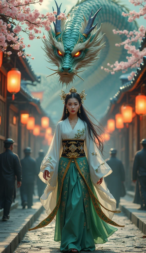 A powerful fantasy scene set in a traditional Japanese street, lined with old-style wooden buildings under blooming cherry blossoms. Hanging lanterns glow warmly with soft orange light, casting a magical ambiance across the cobblestone path. In the center foreground, a majestic and mysterious woman in an elegant white and green kimono walks calmly. Her kimono is richly detailed, adorned with embroidered green dragons and golden motifs, tied at the waist with an ornate black and gold obi. Golden tassels hang delicately from her sash. Her long black hair flows behind her, decorated with intricate floral hair ornaments and delicate antler-like hairpins, giving her a divine presence.
Her expression is calm, noble, and unreadable—her deep red lips and sharp eyes exude both beauty and danger.
Behind her coils an enormous oriental dragon, floating in midair. The dragon's scales shimmer in shades of deep turquoise and molten gold, glowing slightly in the low light. Its eyes burn with fiery orange light, fixed on the viewer with a fierce, protective gaze. Its presence suggests ancient power and loyalty to the woman in front of it.
The lighting in the image is a harmonious mix of twilight blues and warm lantern glow, creating a mystical and cinematic atmosphere. Passersby in the background freeze in awe or fear, barely visible as shadows behind this goddess-like figure and her celestial beast.
