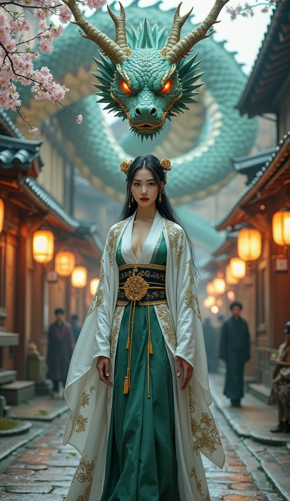 A powerful fantasy scene set in a traditional Japanese street, lined with old-style wooden buildings under blooming cherry blossoms. Hanging lanterns glow warmly with soft orange light, casting a magical ambiance across the cobblestone path. In the center foreground, a majestic and mysterious woman in an elegant white and green kimono walks calmly. Her kimono is richly detailed, adorned with embroidered green dragons and golden motifs, tied at the waist with an ornate black and gold obi. Golden tassels hang delicately from her sash. Her long black hair flows behind her, decorated with intricate floral hair ornaments and delicate antler-like hairpins, giving her a divine presence.
Her expression is calm, noble, and unreadable—her deep red lips and sharp eyes exude both beauty and danger.
Behind her coils an enormous oriental dragon, floating in midair. The dragon's scales shimmer in shades of deep turquoise and molten gold, glowing slightly in the low light. Its eyes burn with fiery orange light, fixed on the viewer with a fierce, protective gaze. Its presence suggests ancient power and loyalty to the woman in front of it.
The lighting in the image is a harmonious mix of twilight blues and warm lantern glow, creating a mystical and cinematic atmosphere. Passersby in the background freeze in awe or fear, barely visible as shadows behind this goddess-like figure and her celestial beast.