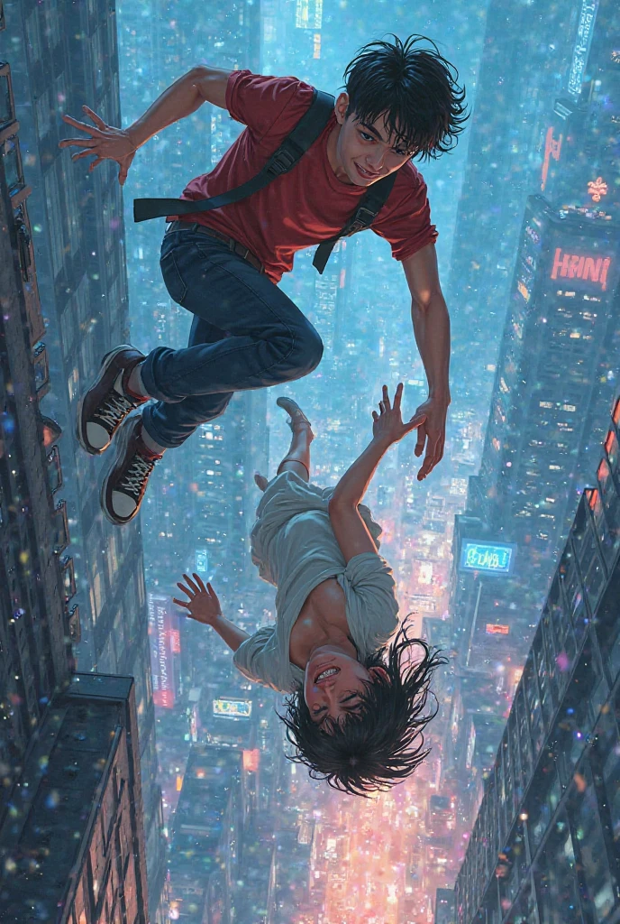 Manhwa, a boy leaping off the roof, his hand stretched out desperately to catch a girl that's falling, her hand is stretched our for his to take aswell