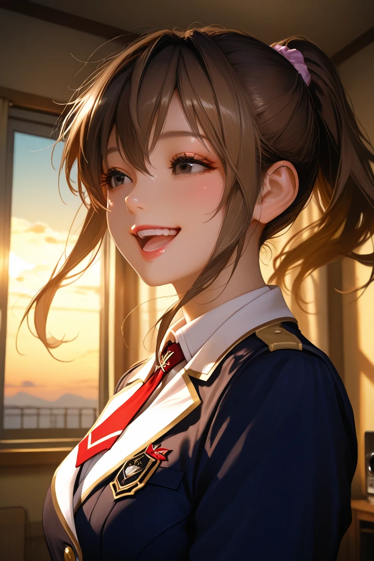 Black Eyes, 1 woman, (female)), solo, real, top quality, photorealistic, masterpiece, 8K, HDTV, solo, hdtv face, soft lighting, bedroom, ((daytime)), sky, (looking at camera), (portrait: 0.6), full-body, (medium hair), ponytail, brown hair, floating hair, lips, lipstick, seductive smile, Floating hair, smile, open mouth, teeth, eyelashes, Nogizaka 46, Moeka Tada, Akari Suda, idol, beautiful girl, ((uniform)), (((standing))