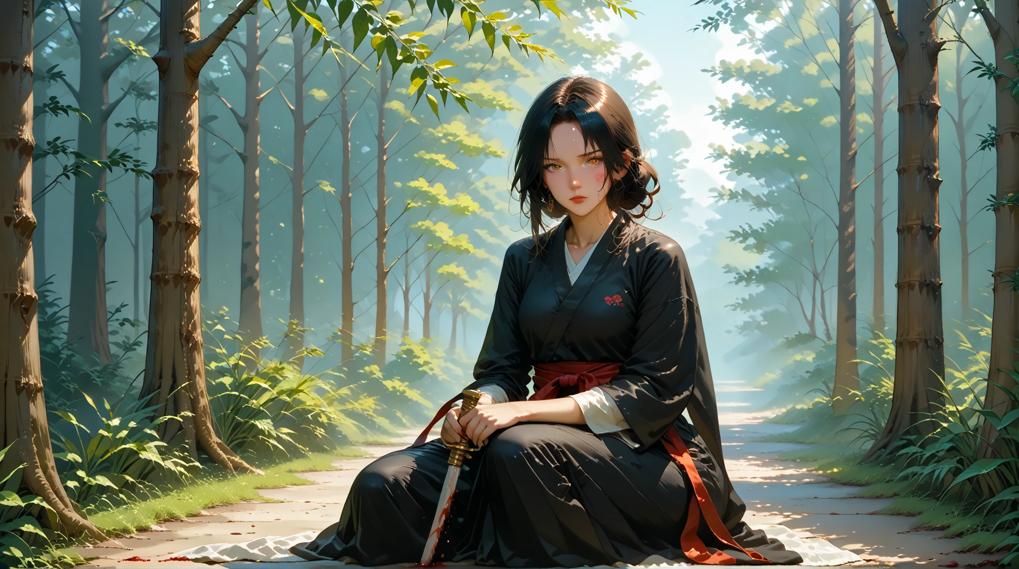 anime style, animetoreal, skin tone, fantasy, (8k), (Ultra Quality)、(Super Detail)、(beautiful)、(masterpiece)、(top quality), (1 girl:1.2, solo), multiple enemies,
One girl is fighting、 she has a sword in her hand 、she is wielding a sword、She has a gun in her hand、She shoots bullets、She fires a gun、holding sword, holding gun, battle stance, revolver, magnum, katana, One sword,
she is Japanese、She is young、She is a samurai、 she is petite , She's thin ,
BREAK
She has a scar on her face、she has a burn on her face There are marks、scar on face, burn scar on face, whole body mole, mole on the face,
she is beautiful、she has a neutral face、She has a female face、(heterochromia:1.2),
she has long lashes、she has long thin eyebrows, eyelashes, 
teasing breasts squeezed together, She is wearing a uniform、she is in a hakama、she wears sandals、she wears earrings、she has a feather pendant, open coat,
In the bamboo grove、pack of wolves、Blood droplets、 Return Blood、Desolate Streets、 clothes with blood 、Bloody sword、The Sword of Extraction、Sword scabbard