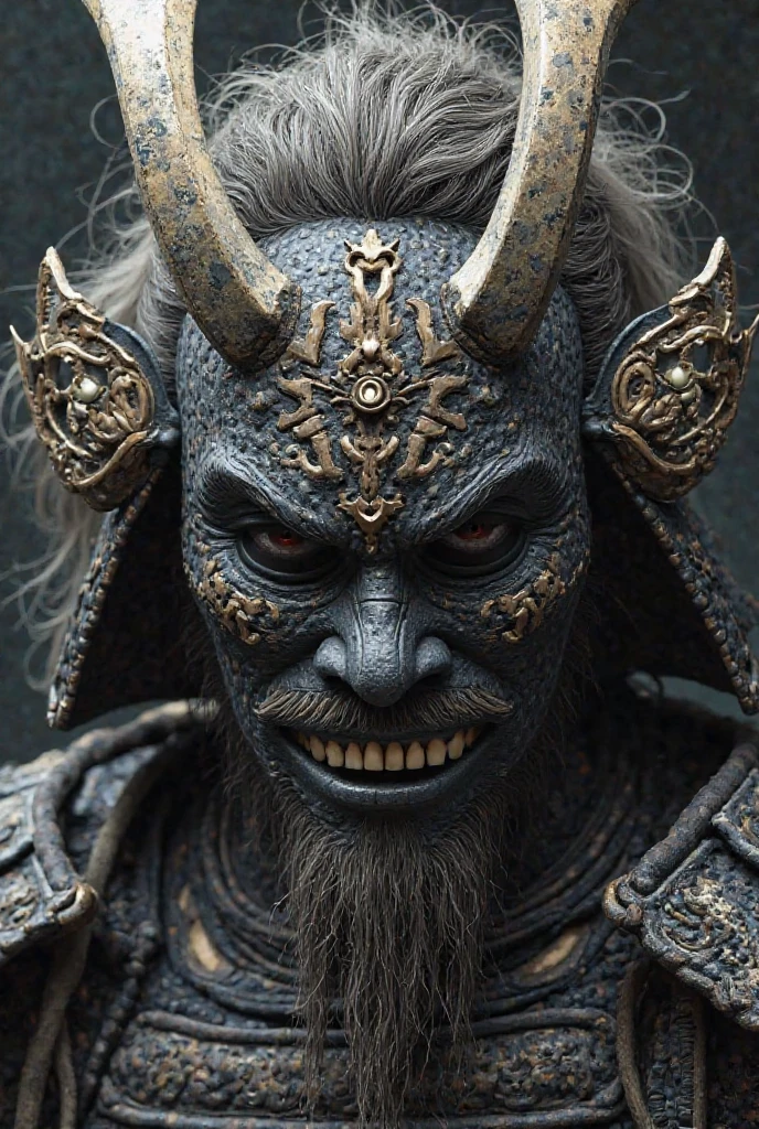 close up frontal face a grotesque and terrifying chinese mythology deity, The image should show a leafy tree in the background in the middle of a battle scene. stormy clouds with lightning and thunder in the background,detailed face and body,cinematic lighting,dark fantasy,chiaroscuro,moody colors,high contrast,dramatic shadows