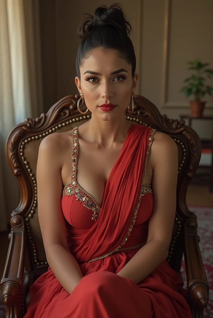 from above, best quality, ultra high res, (photorealistic:1.4), Morena Baccarin, (makeup:1.4), long sleeve sweater, natrual breasts, (black wavy hair:1.3), (surrounded by roses:1.3), (sweet romantic lighting:1.4), (seductive expression:1.1), looking at viewer, satin cargo pants