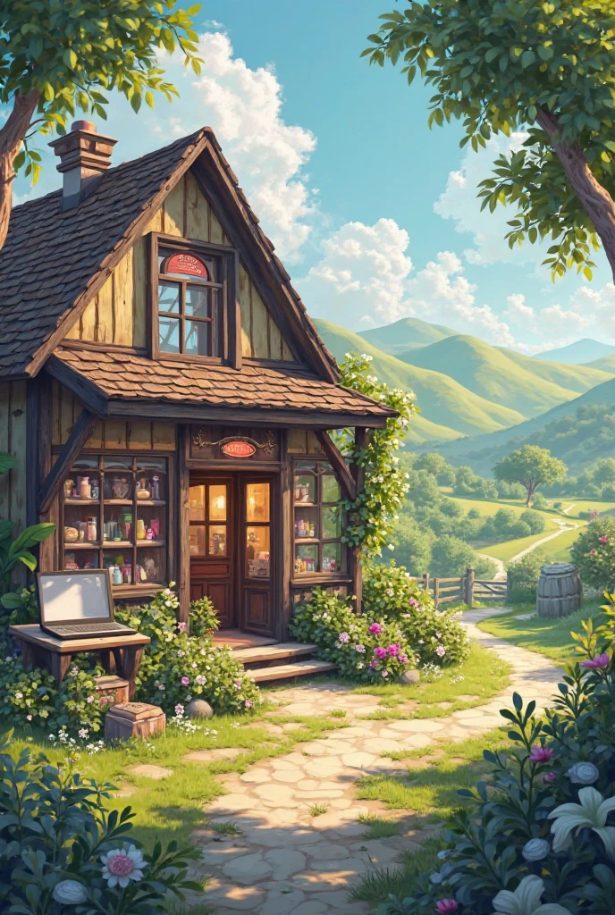 generate me a landsape photo of shop which include laptop phone and screen