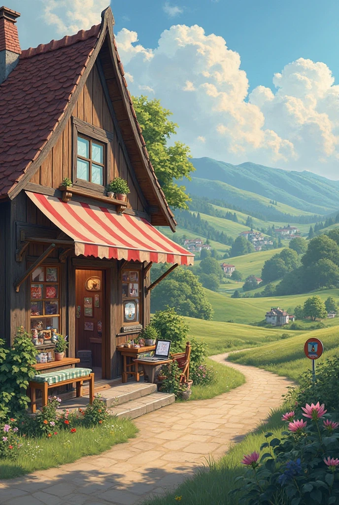 generate me a landsape photo of shop which include laptop phone and screen