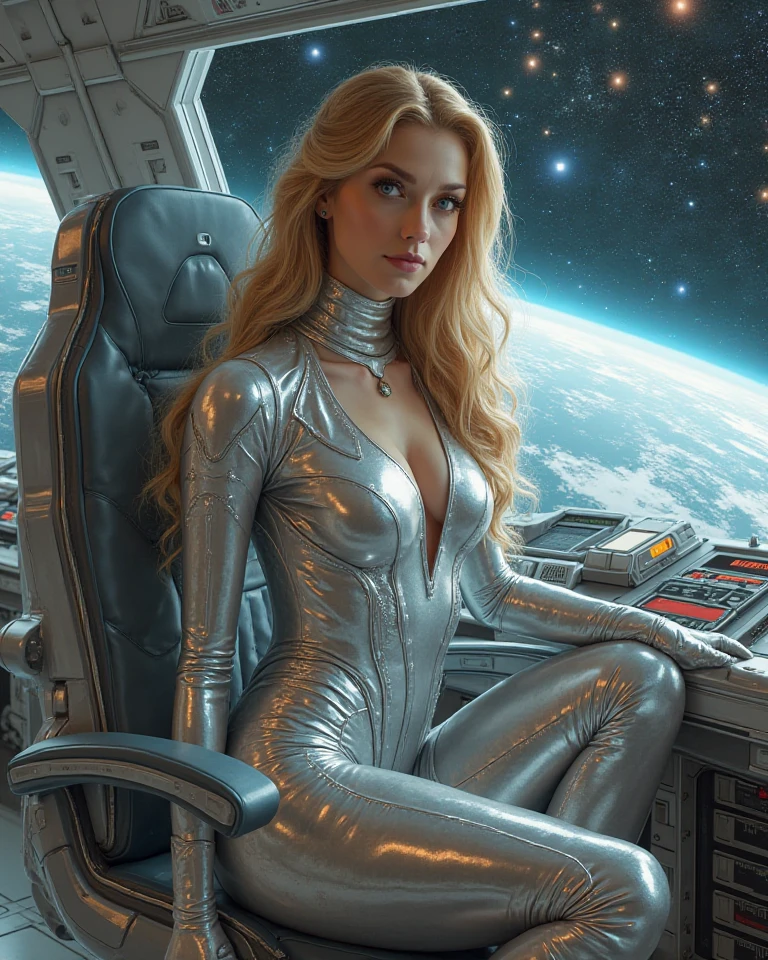 Russian Female starship captain long blonde hair retro futuristic silver velvet catsuit on the Bridge of starship in captains chair 