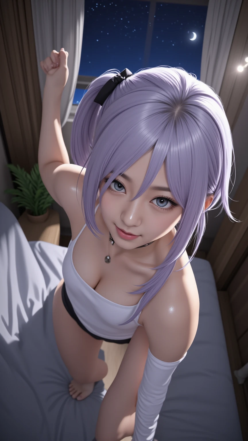 Purple hair, yellow-green eyes, smile, white hair, ephemeral, transparent, ecchi, sister, glutinous