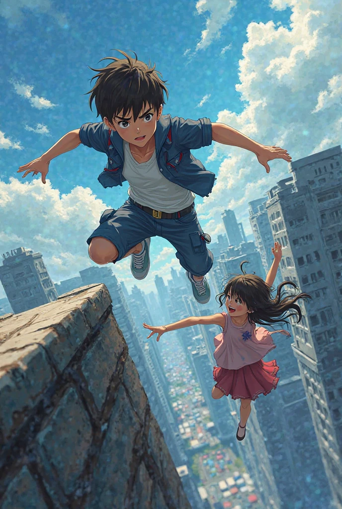 Anime style, a boy leaping off the roof, his hand stretched out to catch a girl that's falling, her hand is stretched our for his to take aswell