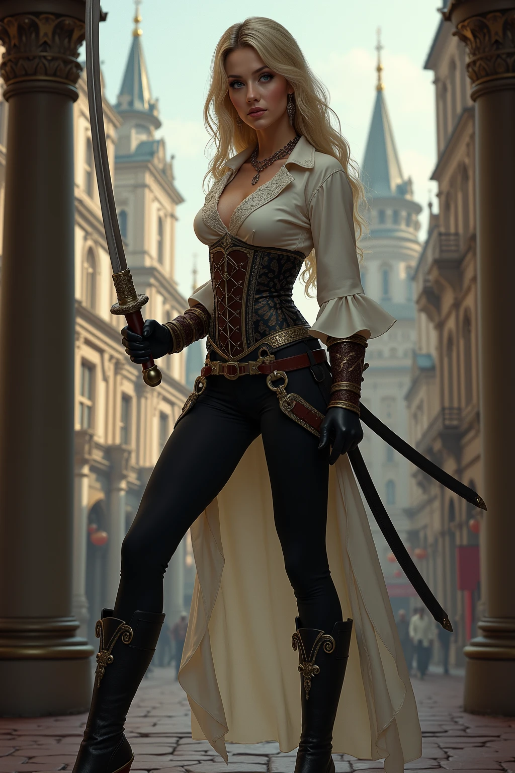 Russian warrior, holding a rapier in her hands, ready for battle, full body, wearing white silk blouse, corset and tight black pants fighting, big heel boots, beautiful Victorian cityscape 
