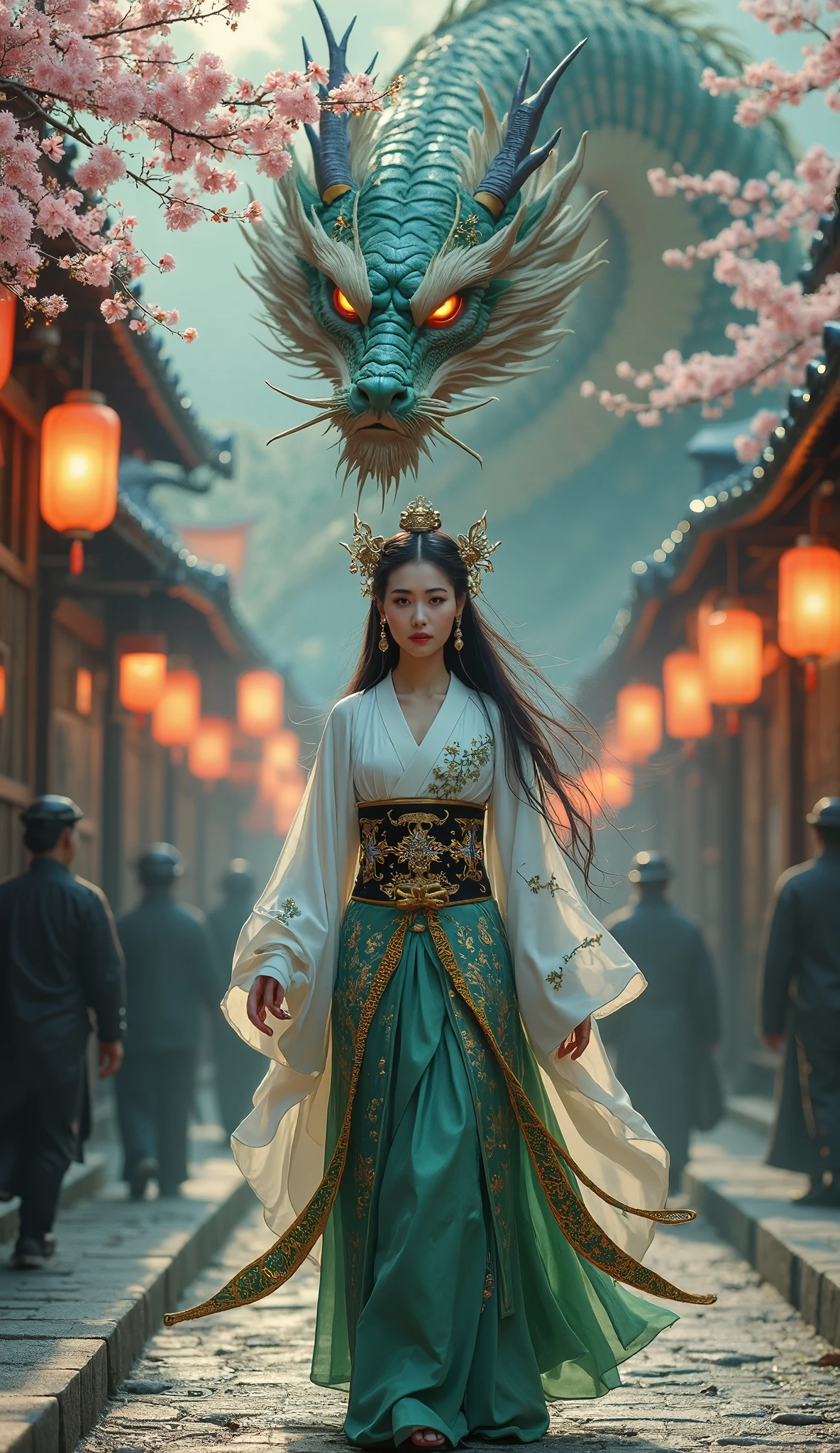 A powerful fantasy scene set in a traditional Japanese street, lined with old-style wooden buildings under blooming cherry blossoms. Hanging lanterns glow warmly with soft orange light, casting a magical ambiance across the cobblestone path. In the center foreground, a majestic and mysterious woman in an elegant white and green kimono walks calmly. Her kimono is richly detailed, adorned with embroidered green dragons and golden motifs, tied at the waist with an ornate black and gold obi. Golden tassels hang delicately from her sash. Her long black hair flows behind her, decorated with intricate floral hair ornaments and delicate antler-like hairpins, giving her a divine presence.
Her expression is calm, noble, and unreadable—her deep red lips and sharp eyes exude both beauty and danger.
Behind her coils an enormous oriental dragon, floating in midair. The dragon's scales shimmer in shades of deep turquoise and molten gold, glowing slightly in the low light. Its eyes burn with fiery orange light, fixed on the viewer with a fierce, protective gaze. Its presence suggests ancient power and loyalty to the woman in front of it.
The lighting in the image is a harmonious mix of twilight blues and warm lantern glow, creating a mystical and cinematic atmosphere. Passersby in the background freeze in awe or fear, barely visible as shadows behind this goddess-like figure and her celestial beast.